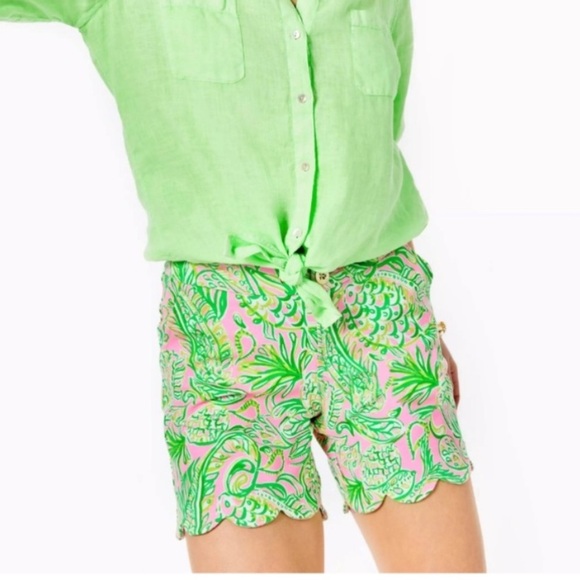 Lilly Pulitzer Darci Knit Shorts, Mandevilla Baby Fins & Flippers Green and Pink - Picture 1 of 13